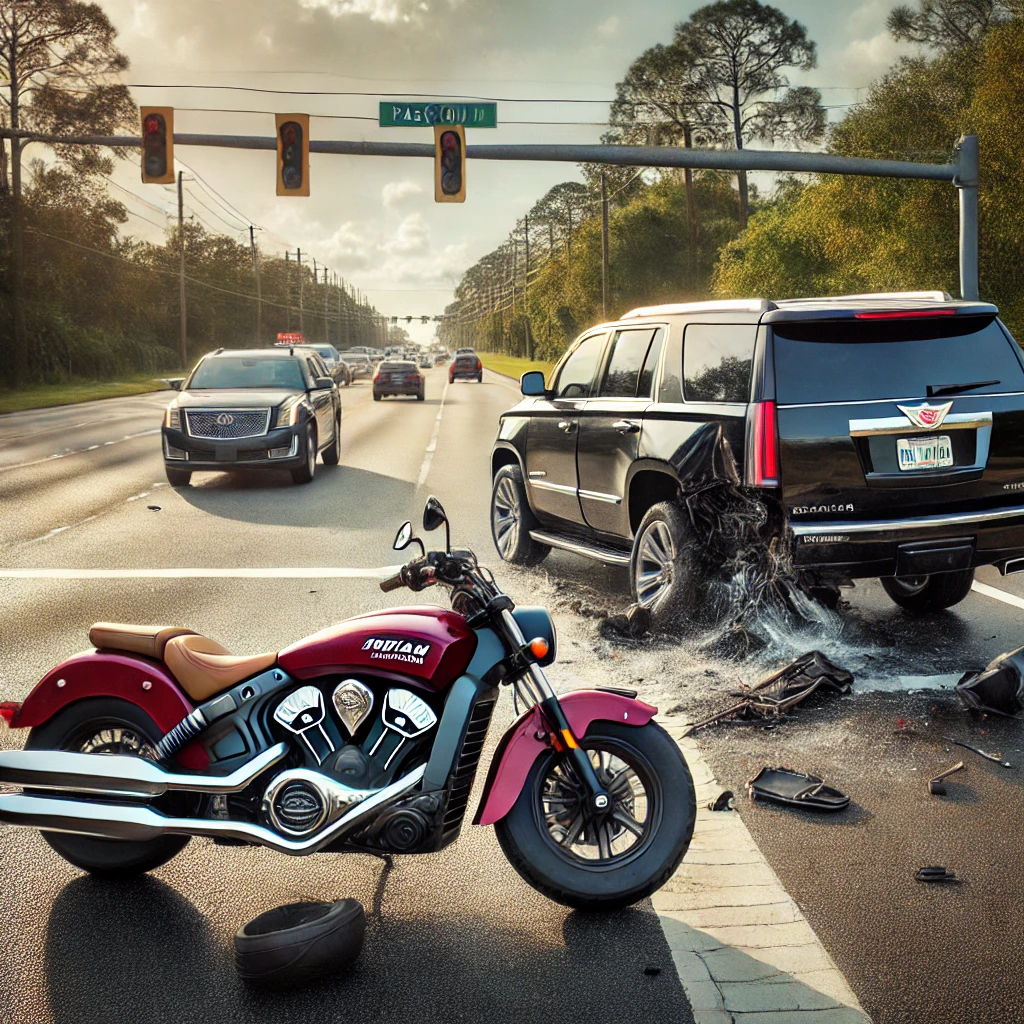 DALL·E 2024-12-16 19.34.52 – A motorcycle accident scene on a busy highway in Pasco County, Florida. The image should depict a northbound Indian Scout motorcycle with damage in fr Motorcyclist Killed in Fatal Collision with SUV in Pasco County