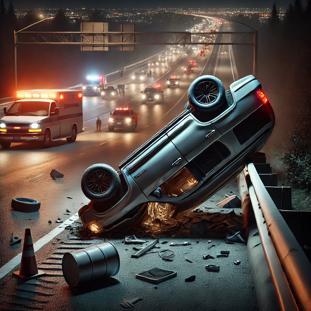 DALL·E 2025-03-06 19.42.36 – A realistic digital illustration of an SUV rollover crash on a highway at night. The SUV is overturned near a guardrail, with debris scattered around