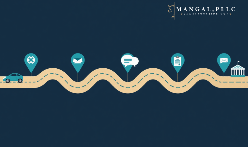 Six phases of a Florida car accident settlement shown as a road timeline