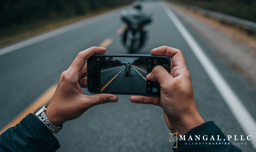 A person photographing the road surface at a motorcycle crash scene to document evidence.