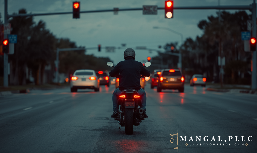 Motorcycle waiting behind stopped cars at a red light in Florida, where lane filtering is prohibited.