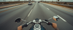Motorcycle rider approaching stopped traffic on a multi-lane Florida highway with a gap visible between lanes.