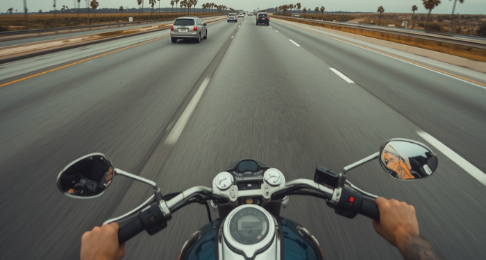 lane-splitting-florida-motorcycle-traffic-MANGAL-PLLC Motorcycle rider approaching stopped traffic on a multi-lane Florida highway with a gap visible between lanes.