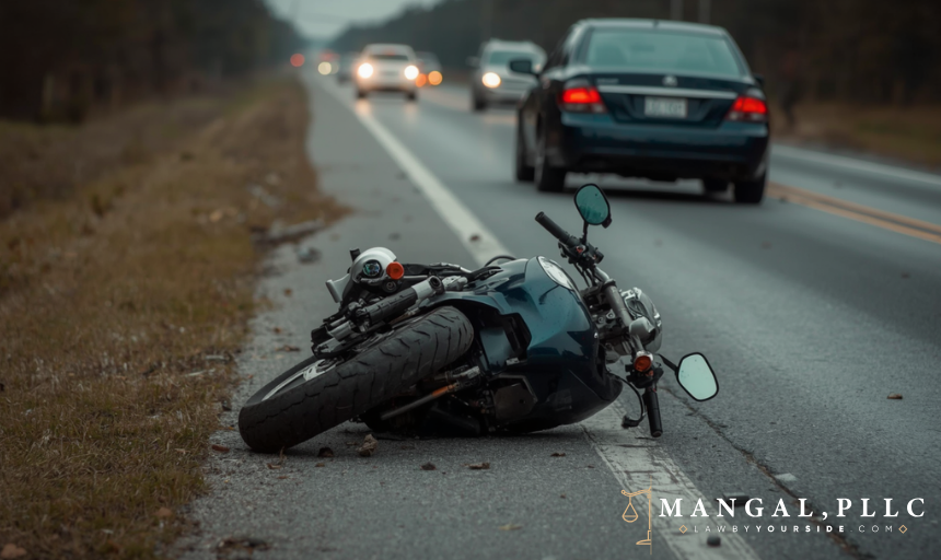 A motorcycle on its side beside a car after a collision on a Florida road.